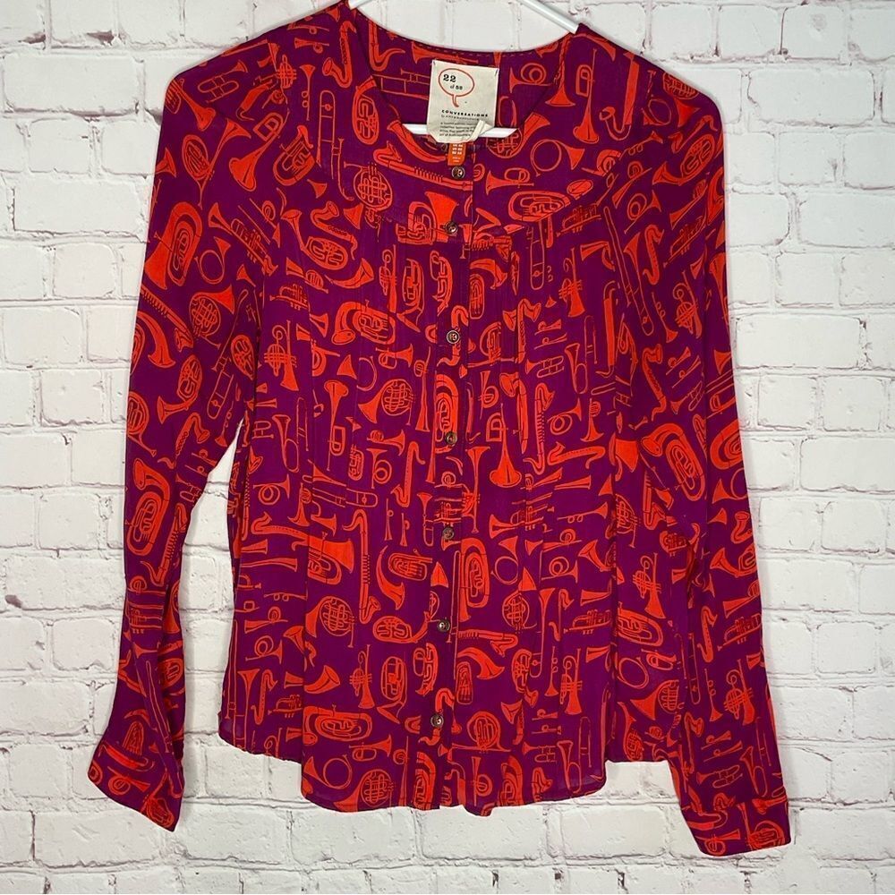 Anthropologie 22 of 52 Conversations Women’s Size US 02 Novelty Print Blouse Top - Picture 2 of 8